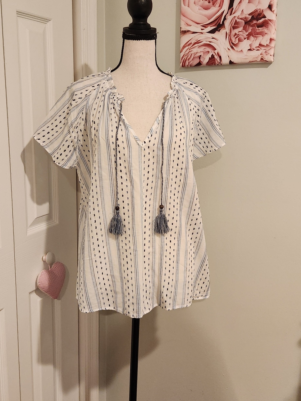 H&M White & Navy Striped Tassel Peasant Blouse